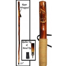 55" Rattan Hiking Pole w/ Wolf Carving w/Rope Handle